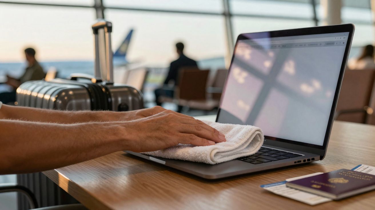 Person cleaning a laptop keyboard with a cloth on a table at an airport lounge with luggage nearby.