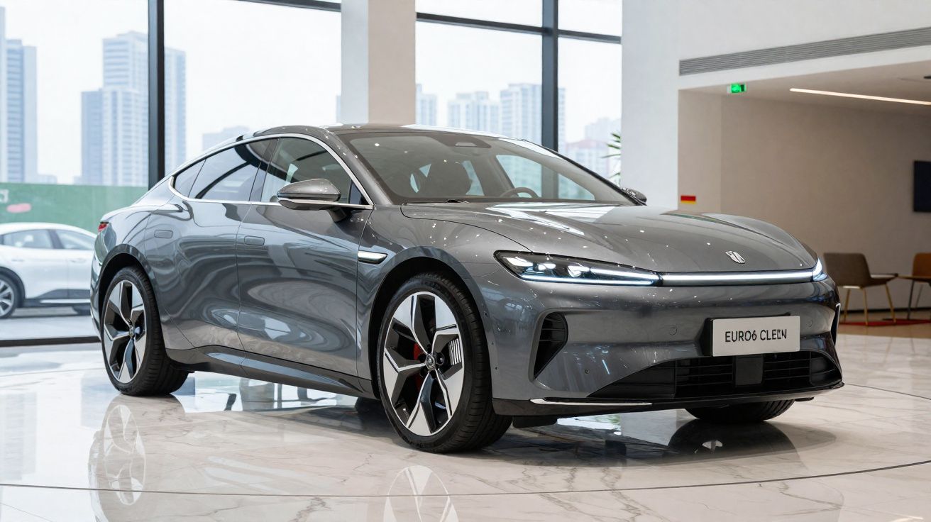 Grey modern electric sedan displayed in a showroom with large windows and city skyline in the background.