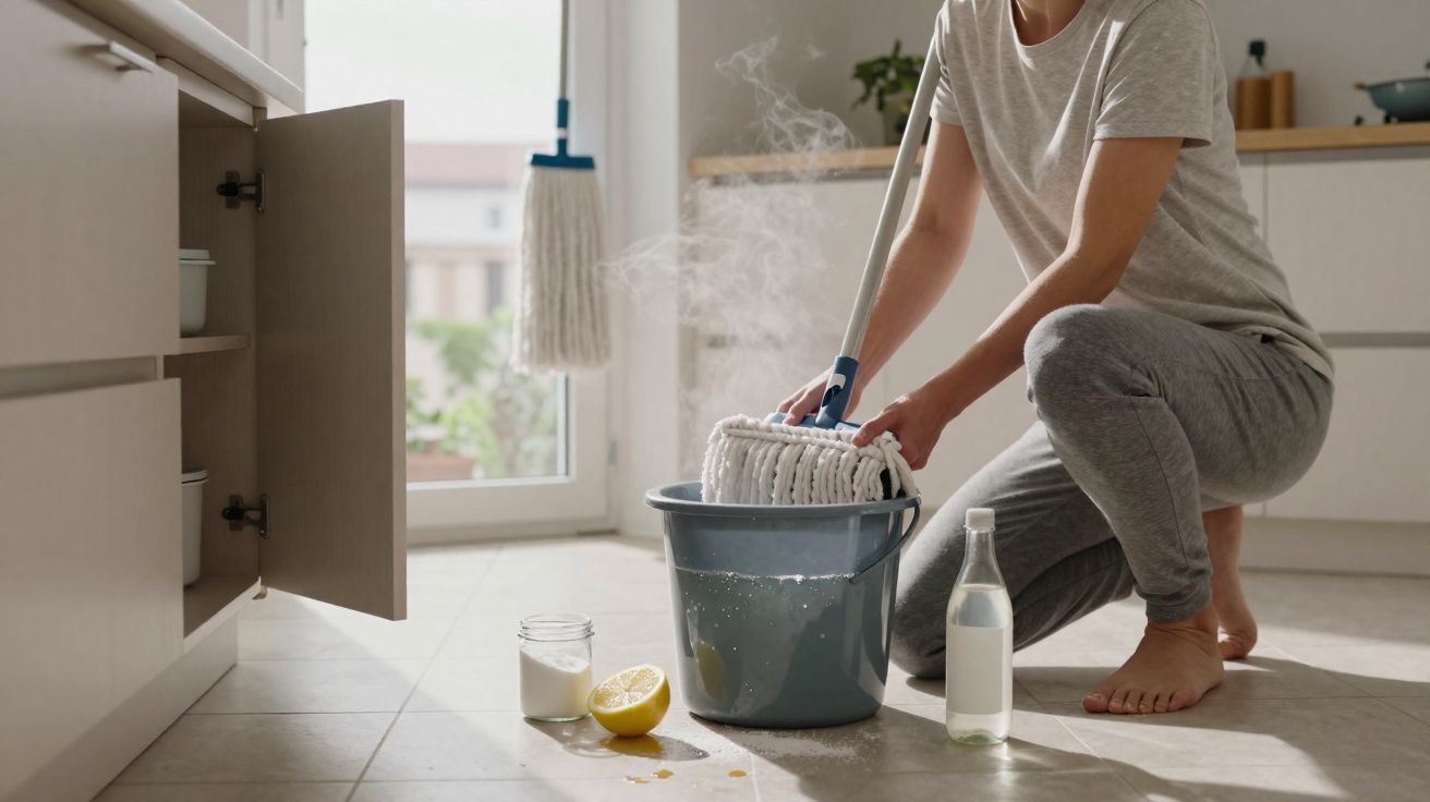 Person wearing grey loungewear wringing mop in bucket with cleaning supplies on tiled kitchen floor.