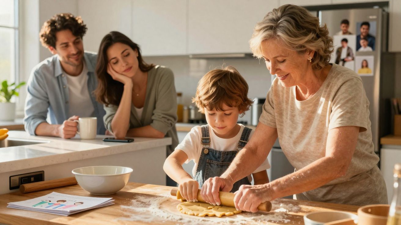 Grandmother and grandson rolling dough in kitchen while parents watch and smile in background.