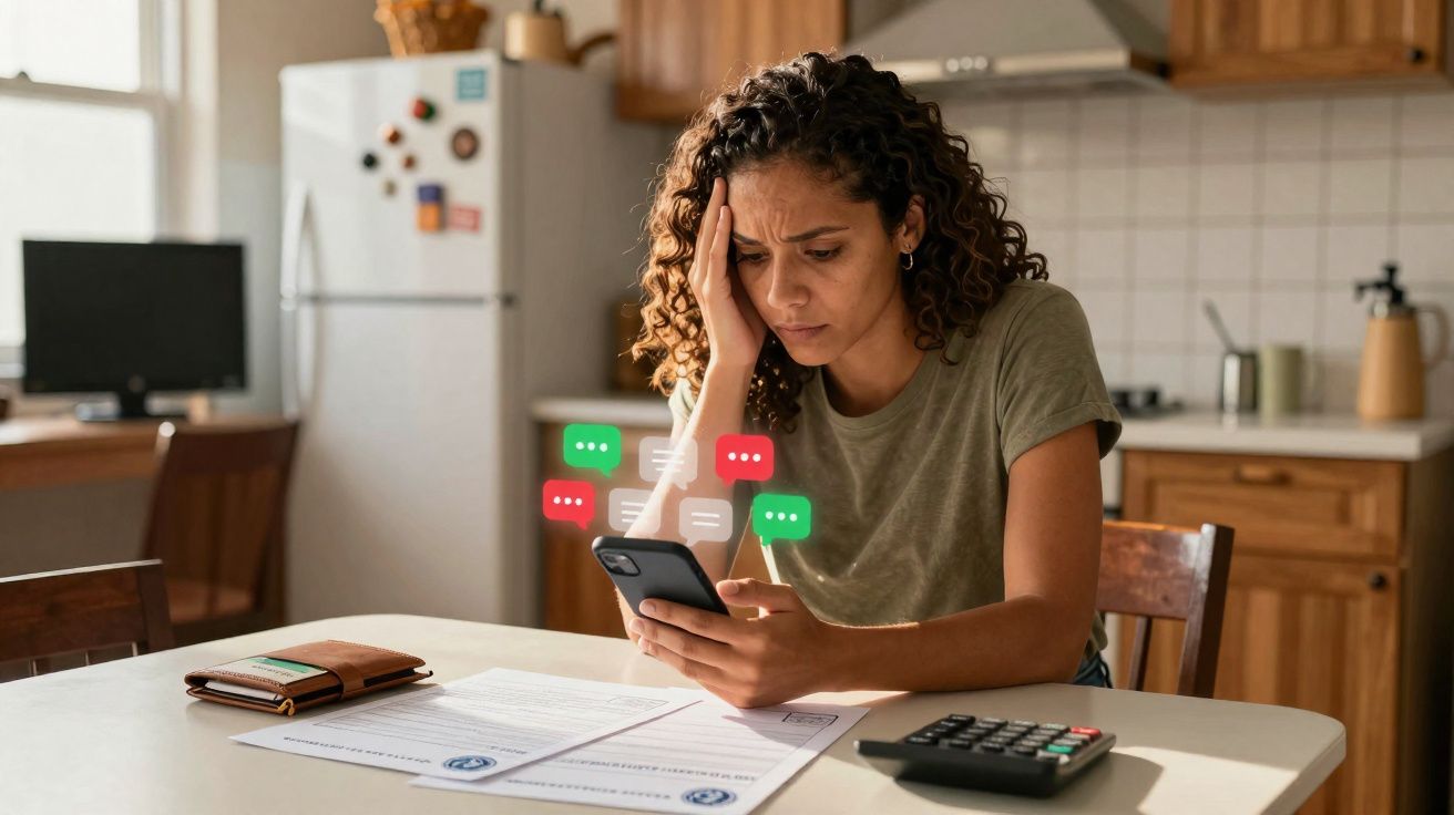 Worried woman sitting at kitchen table looking at phone with bills, calculator, and wallet nearby.