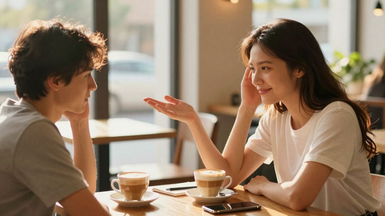 Two people having a conversation and coffee at a café, smiling and engaged in a friendly chat.