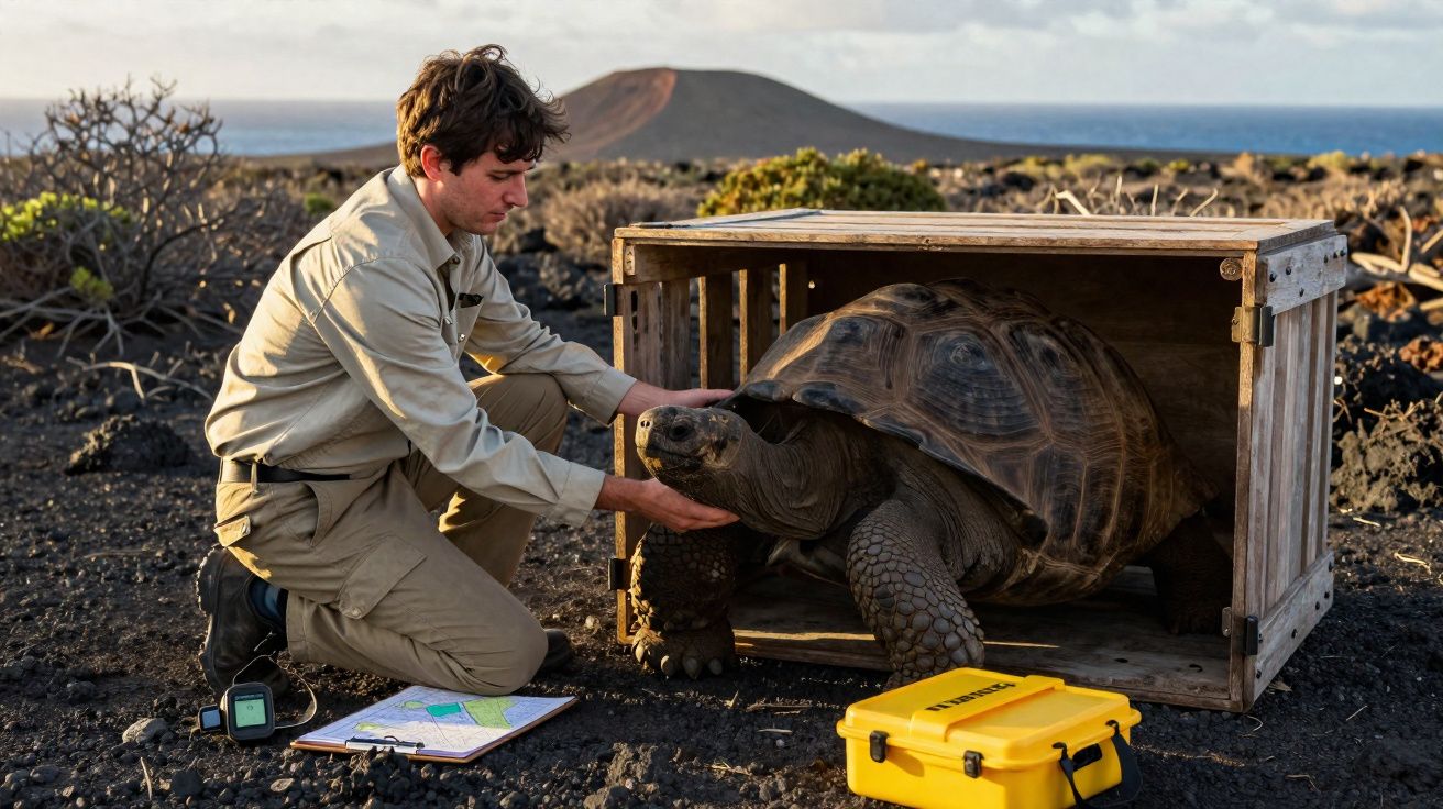 Man in khaki clothing releasing a large tortoise from a wooden crate in a rocky landscape.