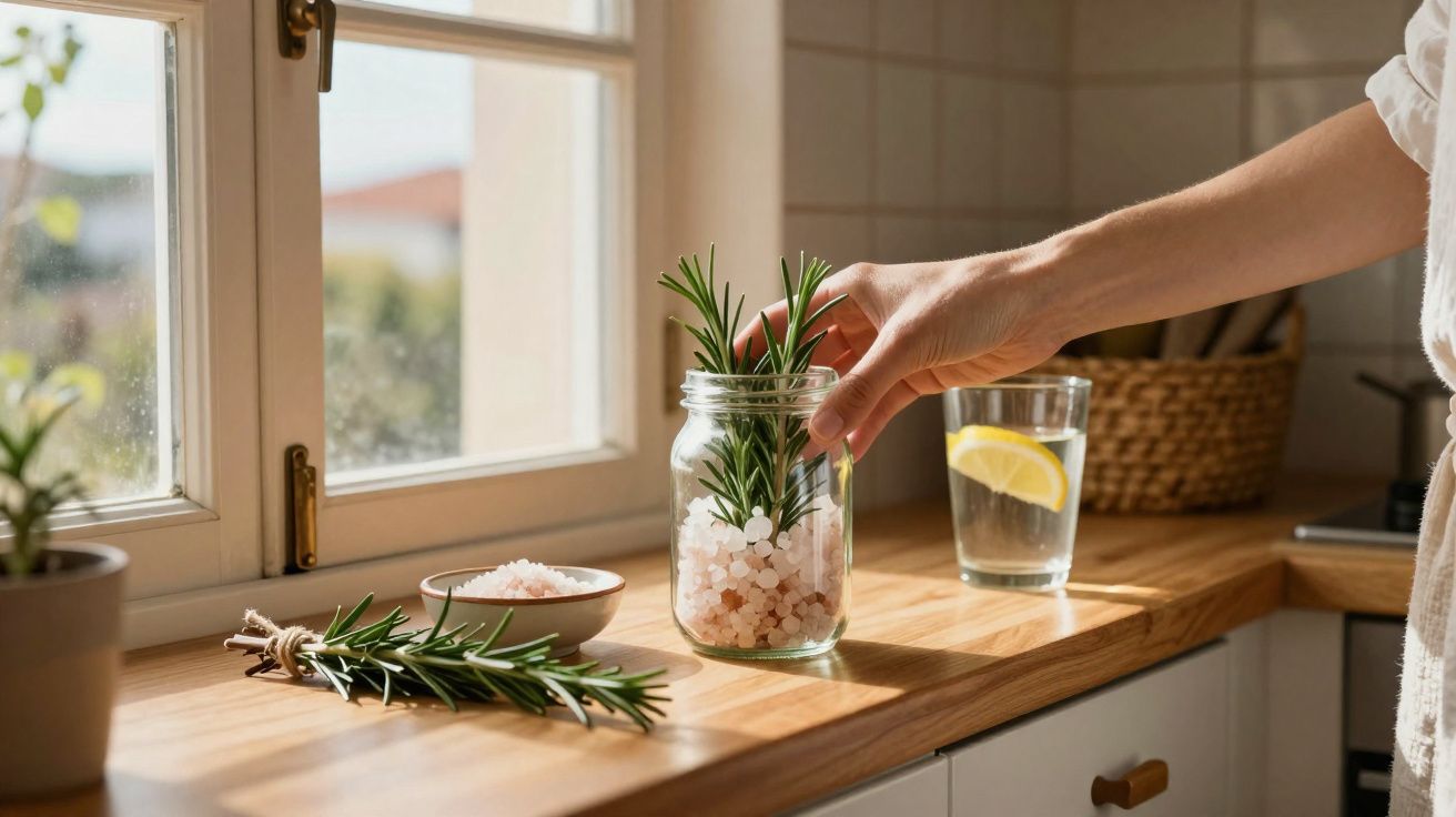 Hand placing rosemary sprigs in a jar with pink salt on a sunlit kitchen windowsill.