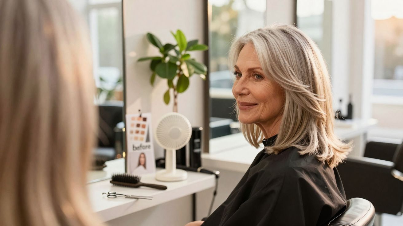 Older woman with grey hair sitting in a salon chair, looking at her reflection after a haircut.