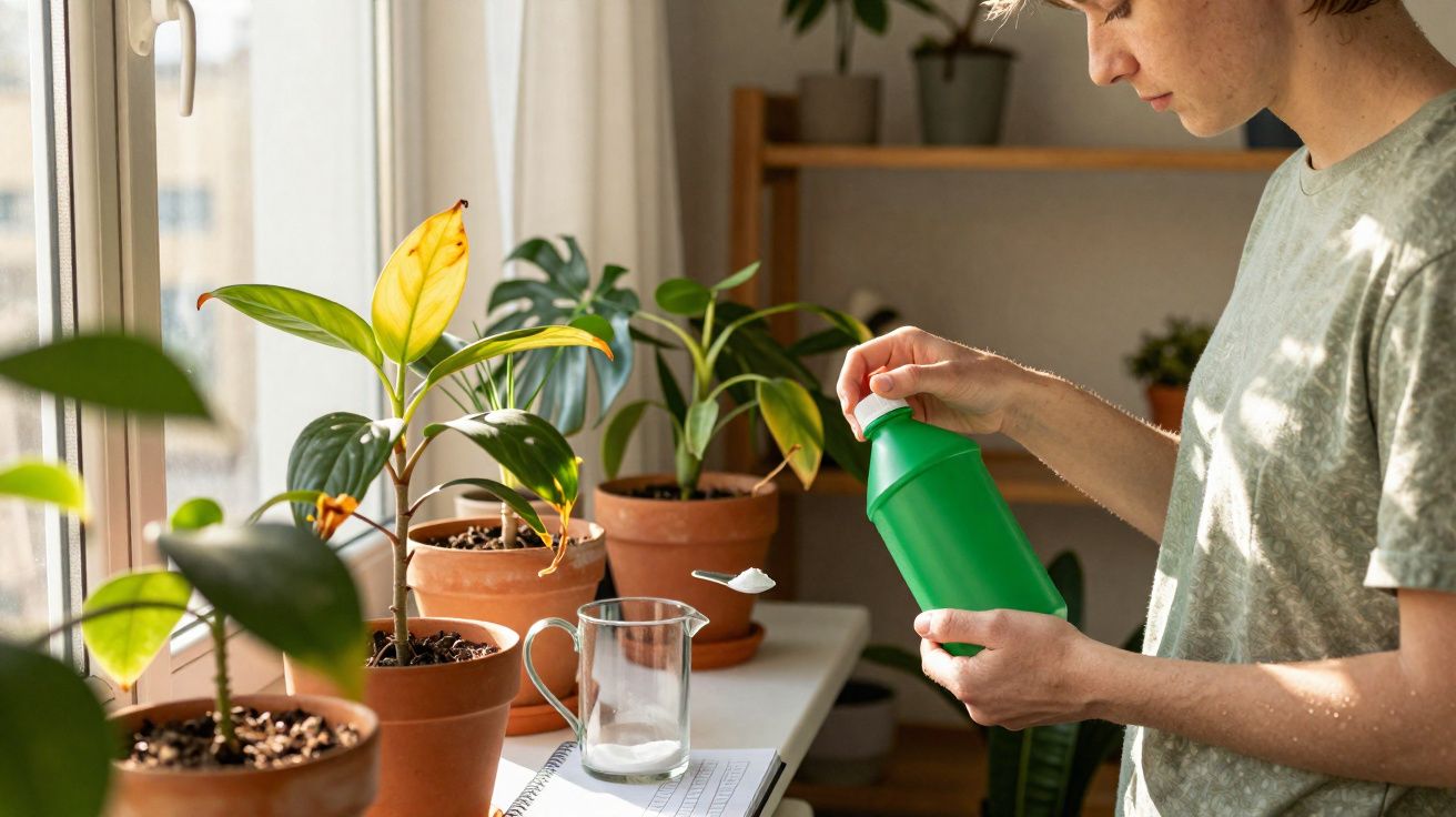 Person holding green fertiliser bottle above potted plants on a windowsill in a sunlit room.
