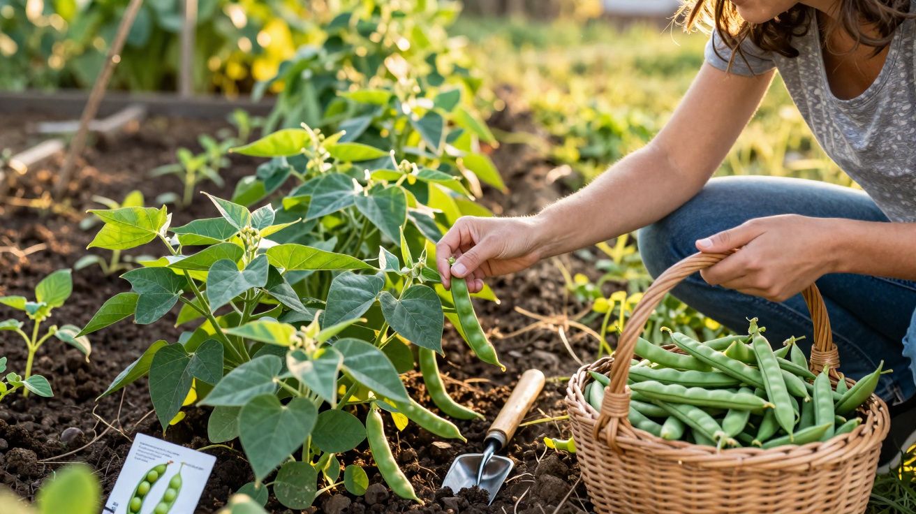 Person harvesting green beans from plants in a garden, placing them into a wicker basket.