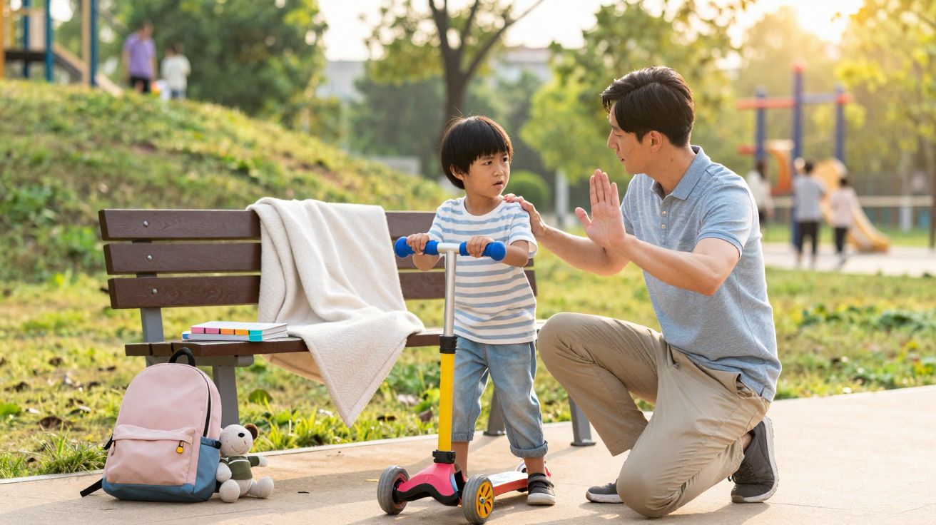 Father encouraging son on scooter beside park bench with backpack and toys at sunset.