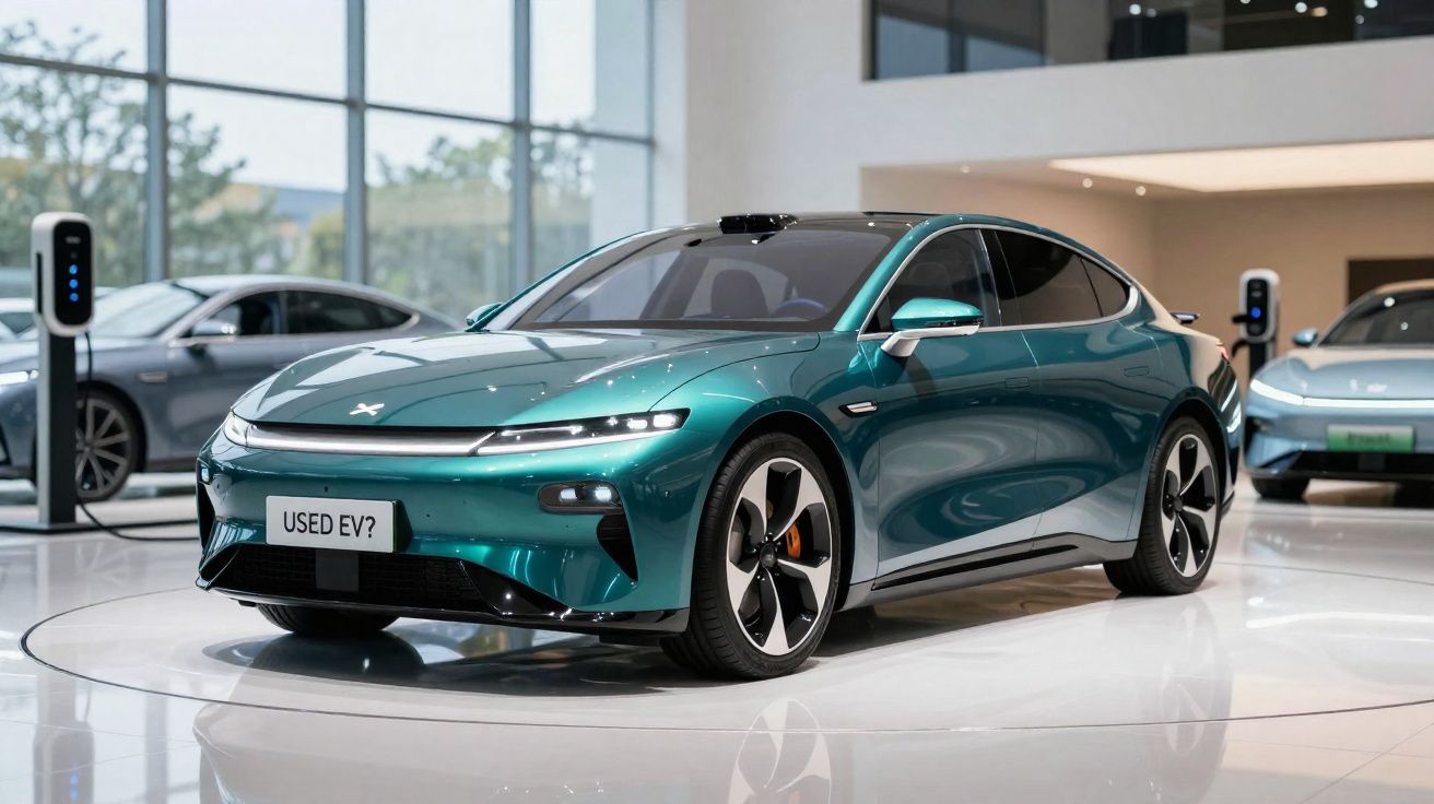 Sleek green electric car displayed indoors on a circular platform with charging stations in the background.