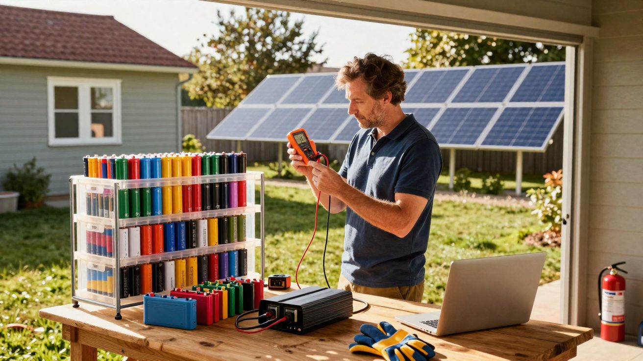 Man testing battery cells with multimeter in garage workshop with solar panels in the background