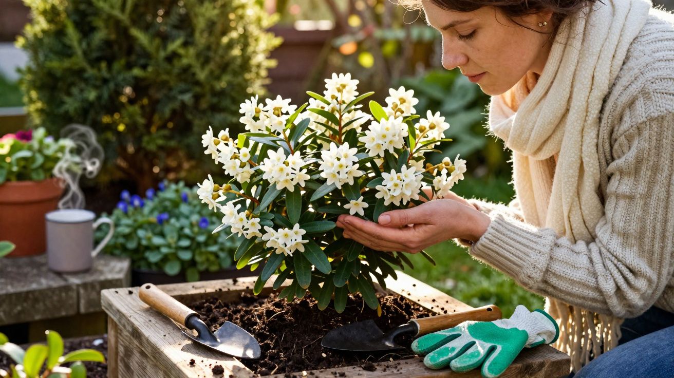 Woman in cosy clothes tending to white flowering plant in wooden planter outdoors on a sunny day.