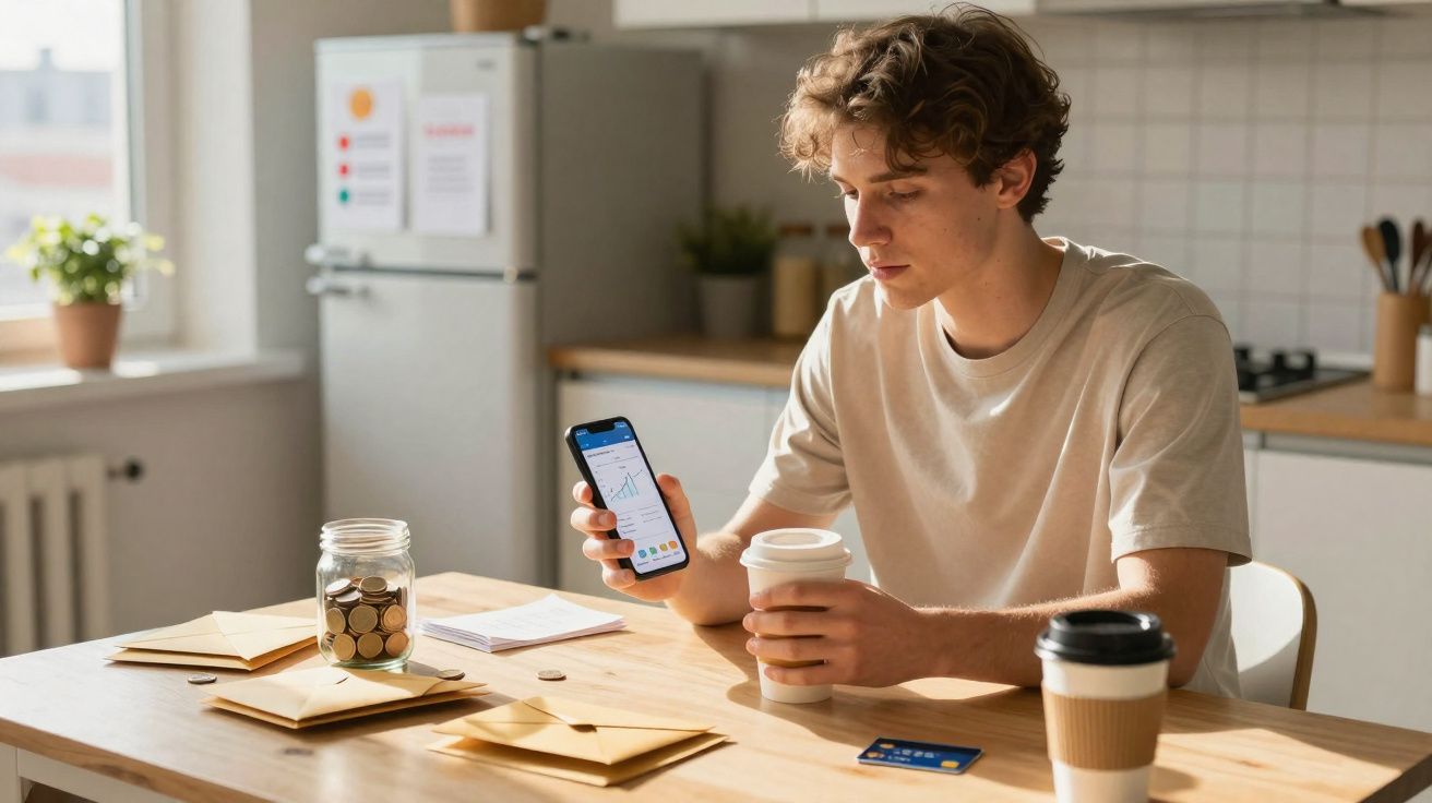 Young man reviewing finances on smartphone while holding a takeaway coffee in a bright kitchen.