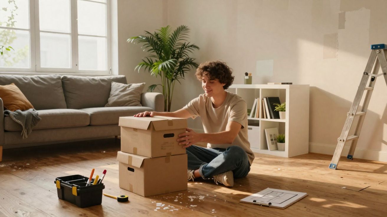 Young man unpacking cardboard boxes in a bright living room with sofa, plant, toolbox, and ladder.