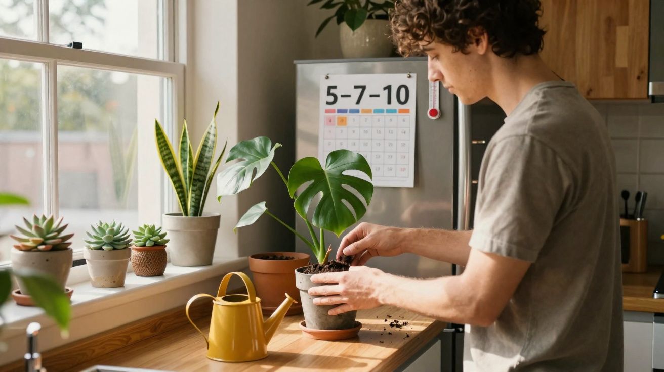 Young man repotting a monstera plant on a sunny kitchen windowsill with other potted plants and a yellow watering can.