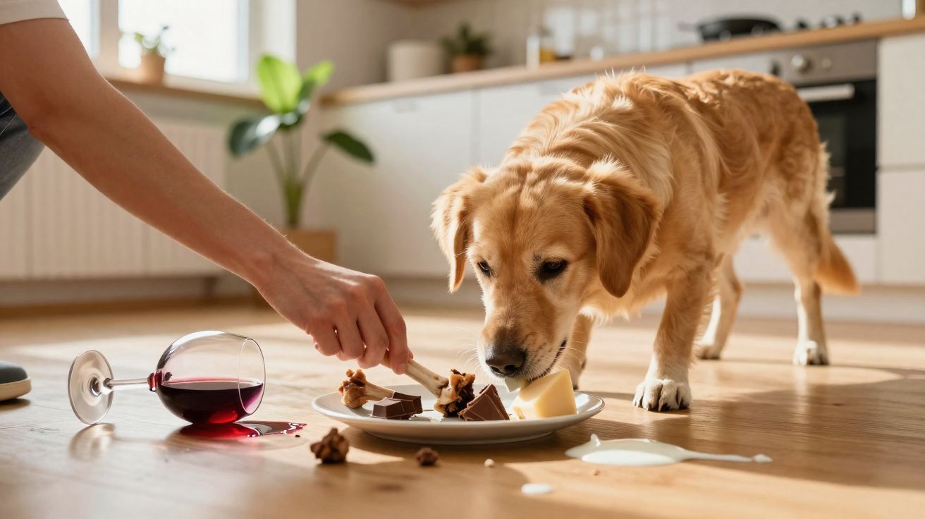 Golden retriever sniffing food on a plate held by a person, with spilled wine and milk on kitchen floor.