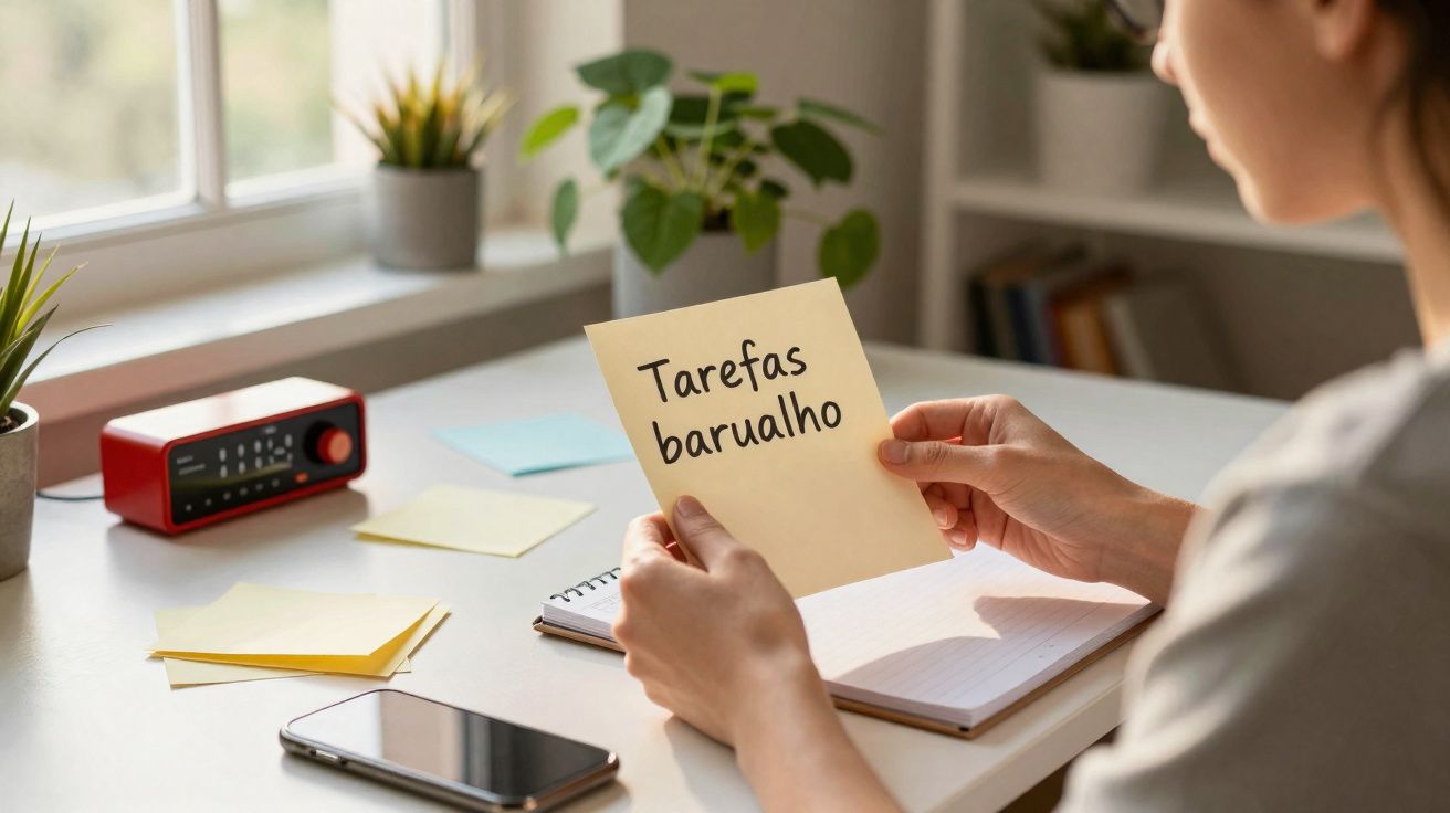 Person holding a sticky note with handwritten text “Tarefas barualho” at a desk near a window with plants and a red radio.