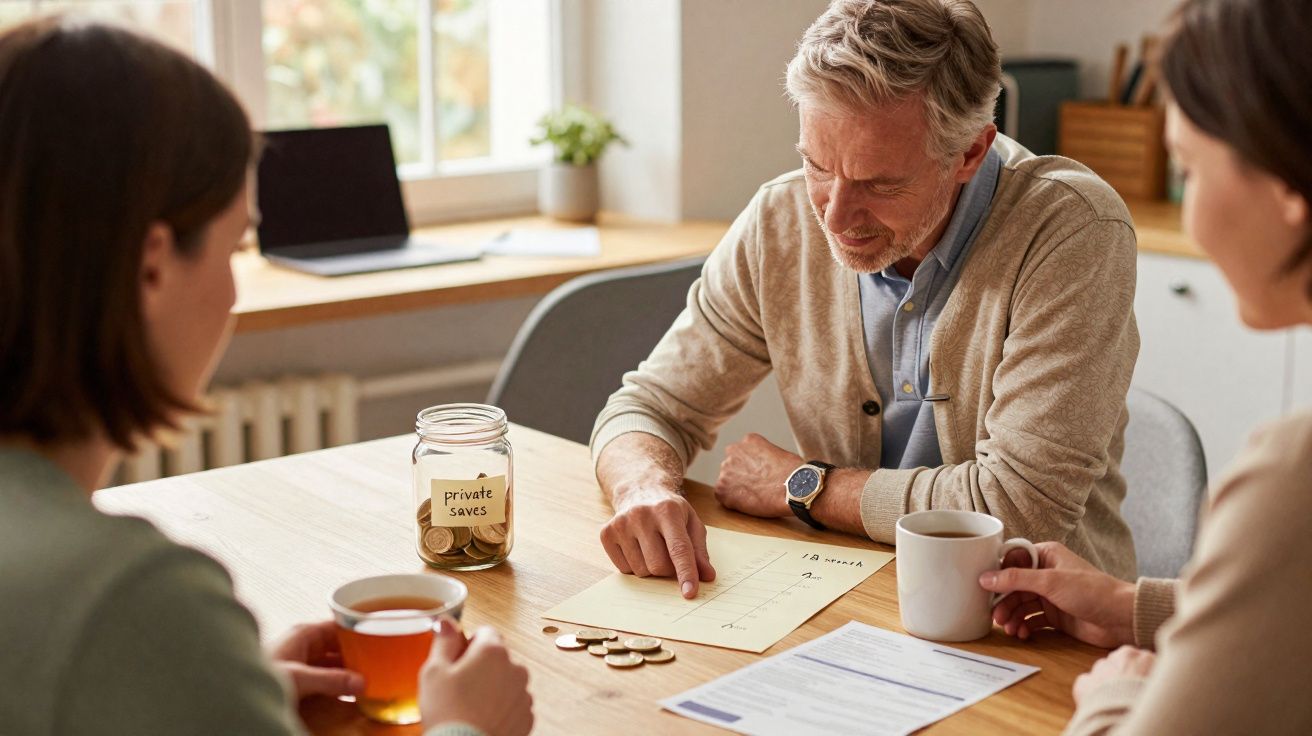 Three people discuss finances with a jar labelled private saves and coins on the table.