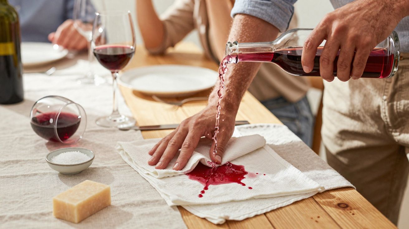 Person pouring red wine onto a cloth on a wooden table to clean a spill during a dinner setting.