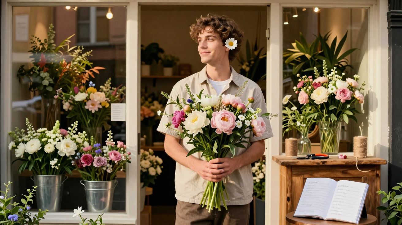 Young man holding a bouquet of flowers with a daisy in his hair standing outside a flower shop.