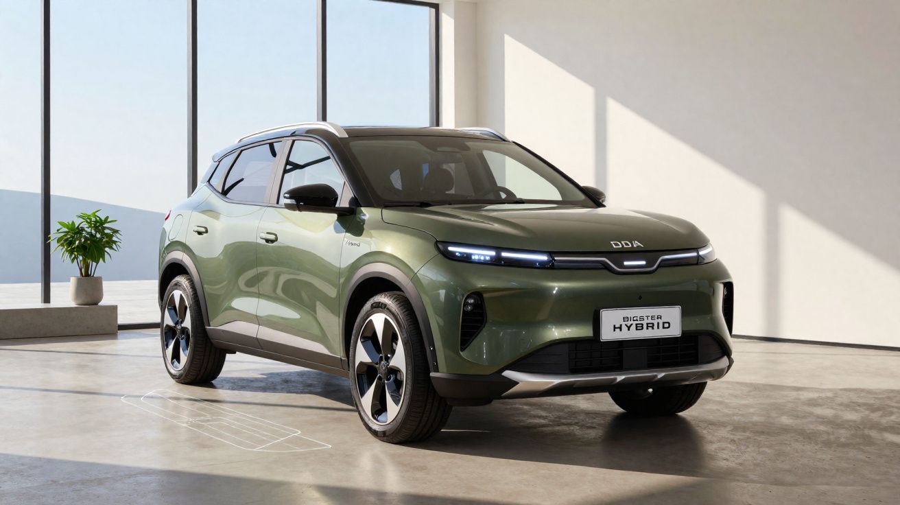 Green DDA Digster Hybrid compact SUV in bright showroom with large windows and planted pot.