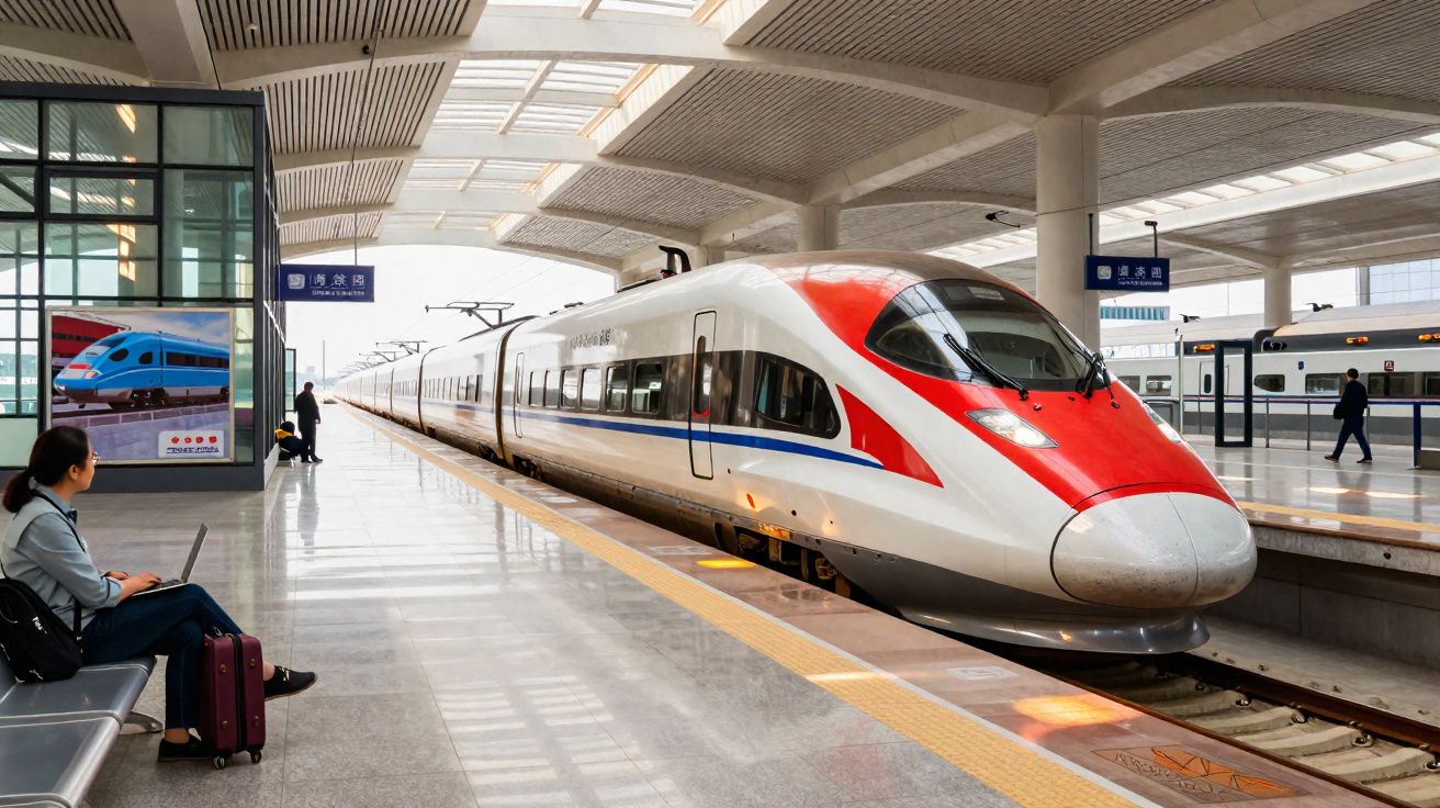 Modern high-speed train at a bright, clean railway station platform with passengers waiting nearby.