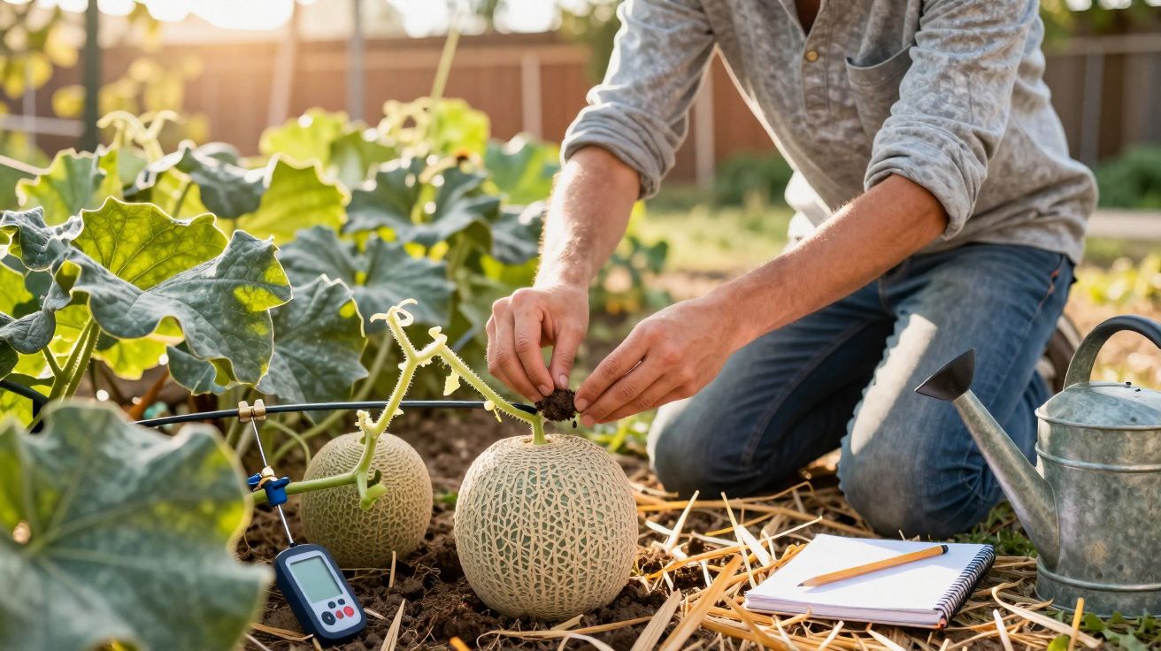 Person kneeling in garden tending to growing melons with notebook, pencil, watering can, and moisture meter nearby.