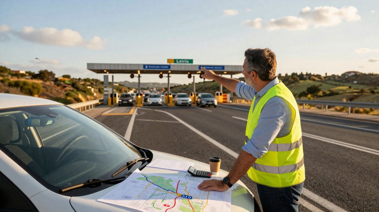 Man in a yellow safety vest pointing on a highway near a toll booth with a map and calculator on a car bonnet.