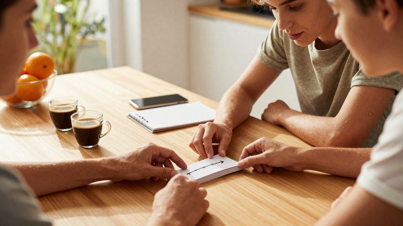 Three people sitting at a wooden table studying a small card with an arrow and markings.