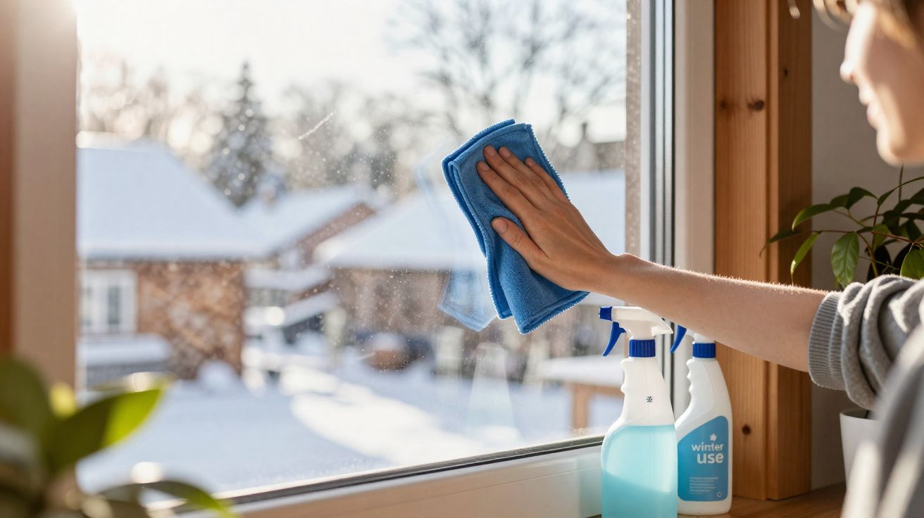 Person cleaning a window with a blue cloth and spray bottles on a snowy day outside.