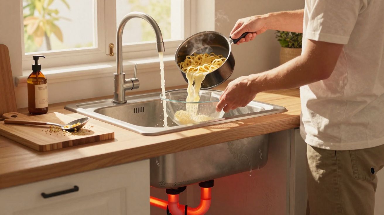 Person draining cooked pasta in a colander over a kitchen sink with running water and wooden countertop.