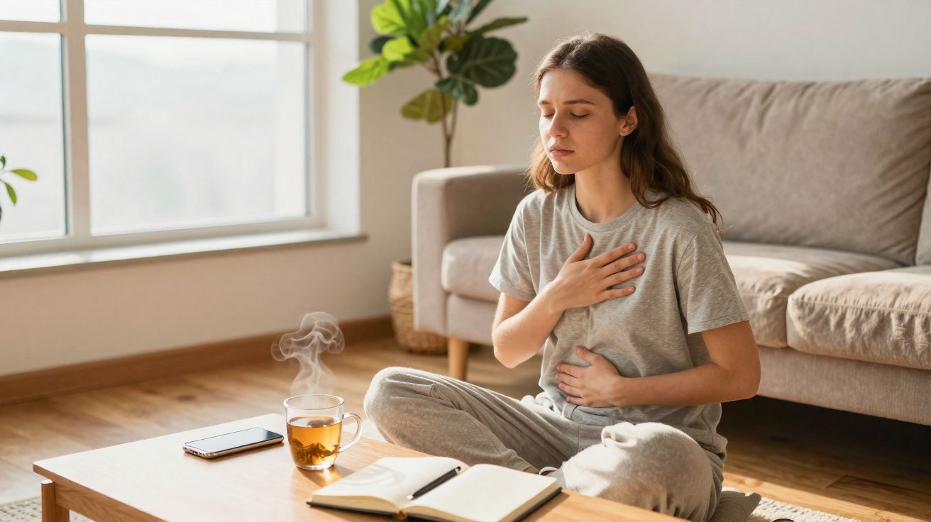 Young woman sitting cross-legged on floor meditating with hands on chest and stomach near coffee table with tea and notebook