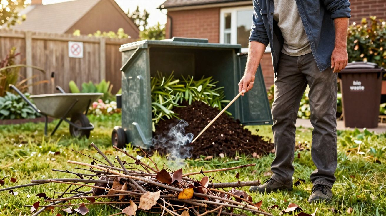 Person lighting a small bonfire of sticks and leaves in a backyard garden during daylight.