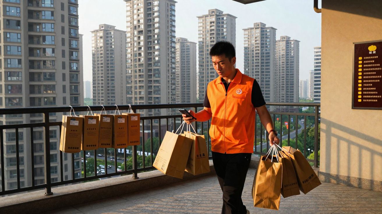 Delivery worker in orange vest carrying multiple paper bags and checking phone on a balcony with tall apartment buildings bac