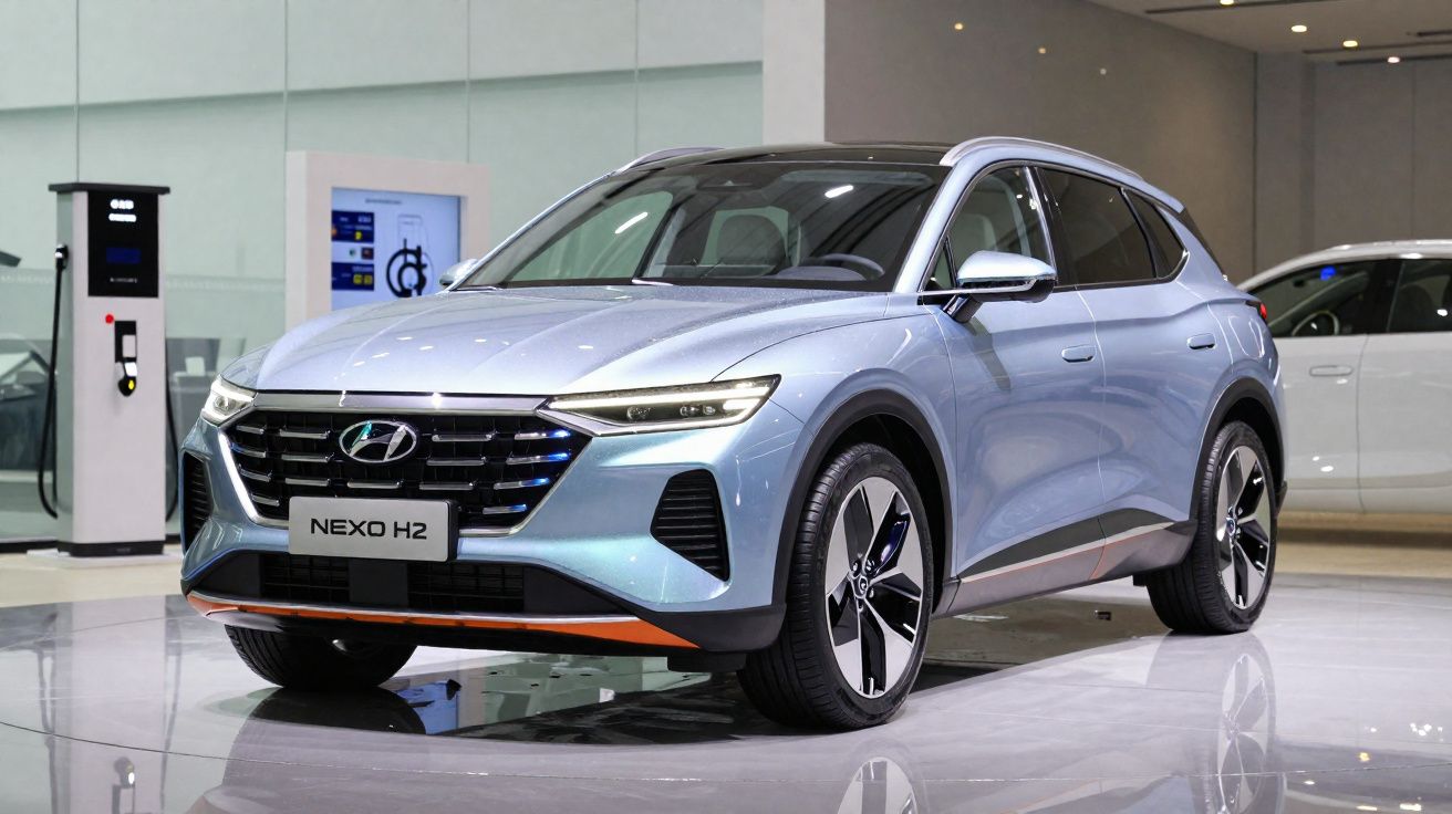 Silver Hyundai Nexo H2 hydrogen fuel cell SUV displayed indoors on a glossy floor with charging stations in the background.