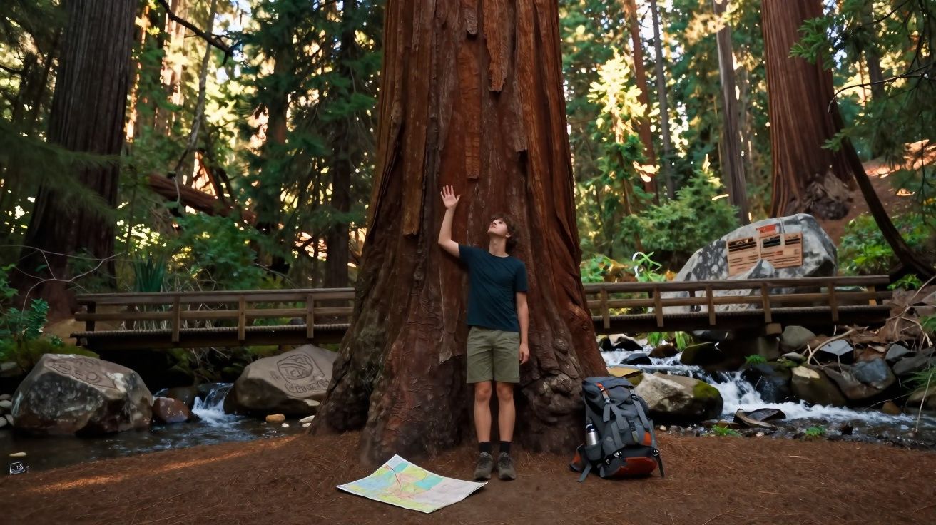 Man in hiking clothes standing at the base of a giant tree in a forest with a map and backpack nearby.