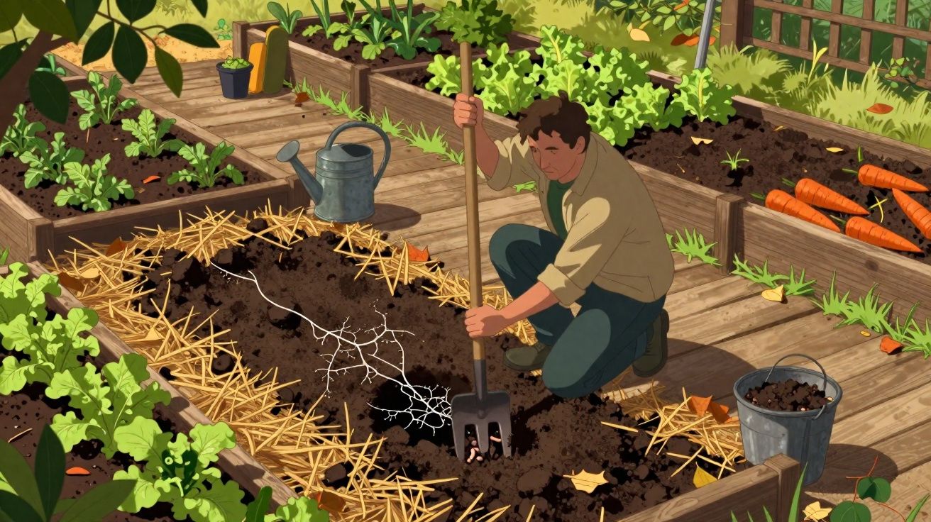 Person kneeling and digging soil in a raised vegetable garden bed with plants and carrots nearby.