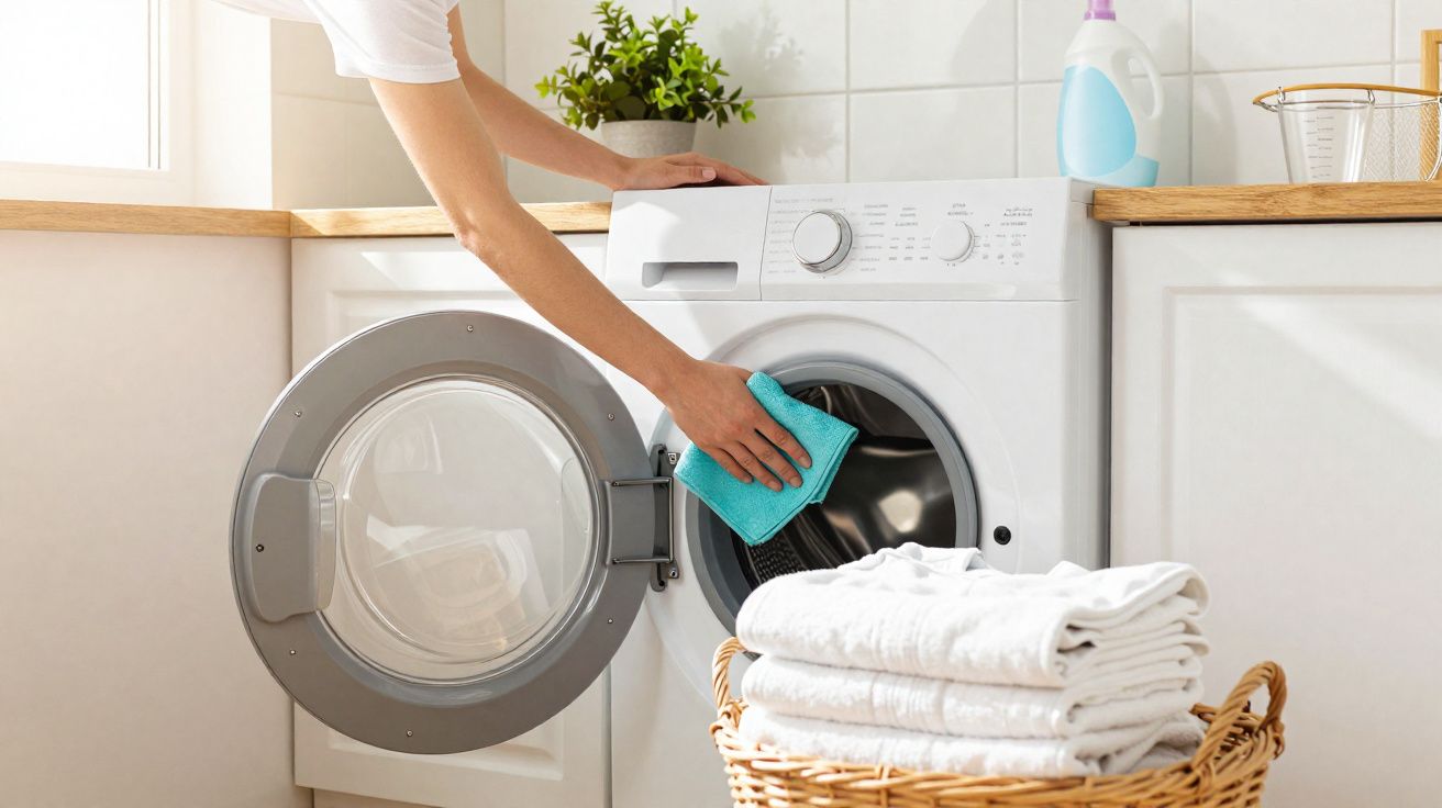 Person cleaning the inside of a front-loading washing machine with a blue cloth next to a basket of folded white towels.