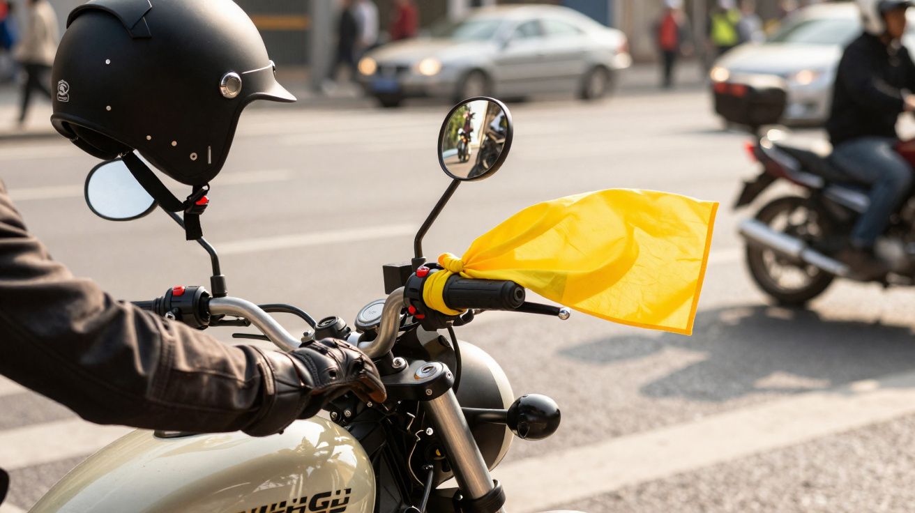 Motorcyclist with a black helmet and gloves holding handlebars with a yellow flag attached on a city street.