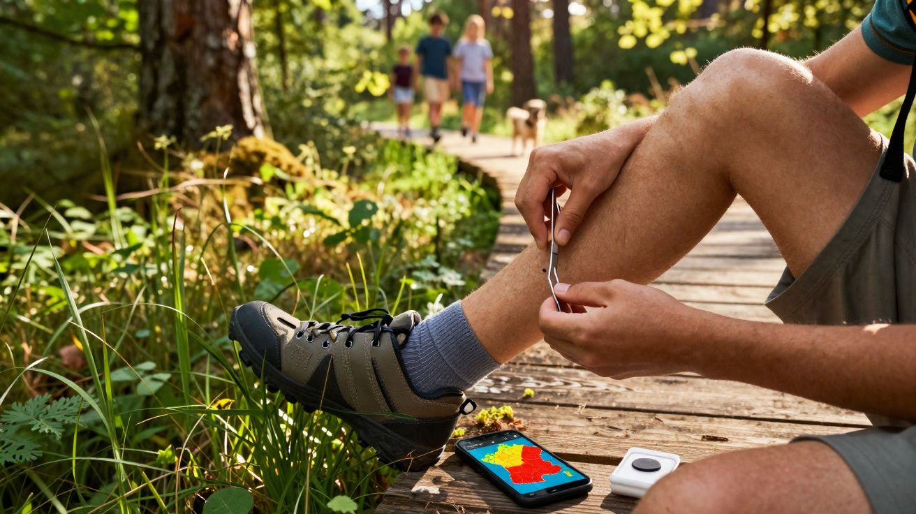 Person on forest trail applying a bandage to their leg with a phone and medical supplies nearby.
