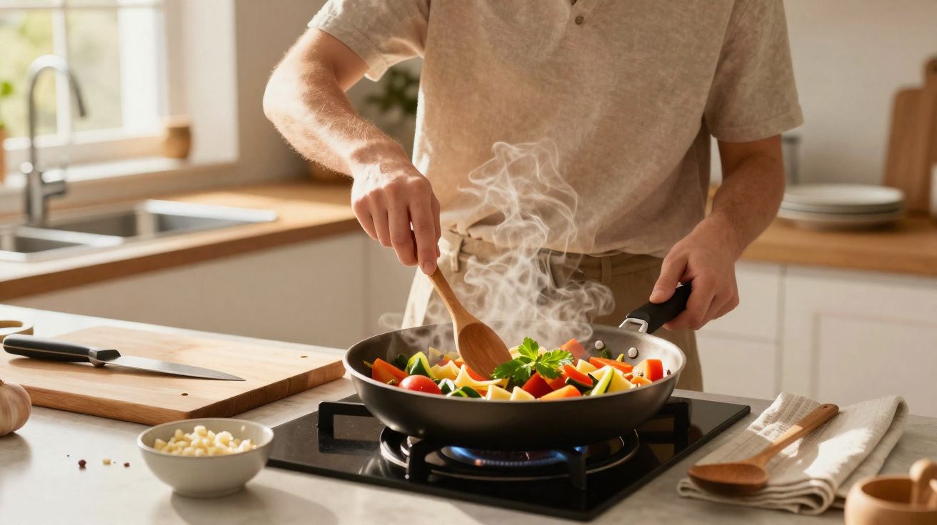 Person stirring steaming mixed vegetables cooking in frying pan on stove in modern kitchen