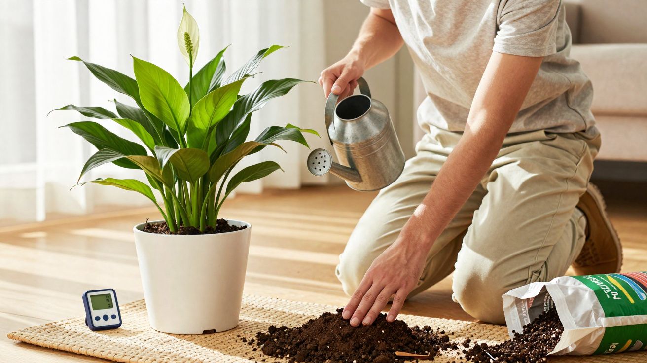 Person kneeling on a mat watering a potted peace lily plant indoors with potting soil and moisture meter nearby.