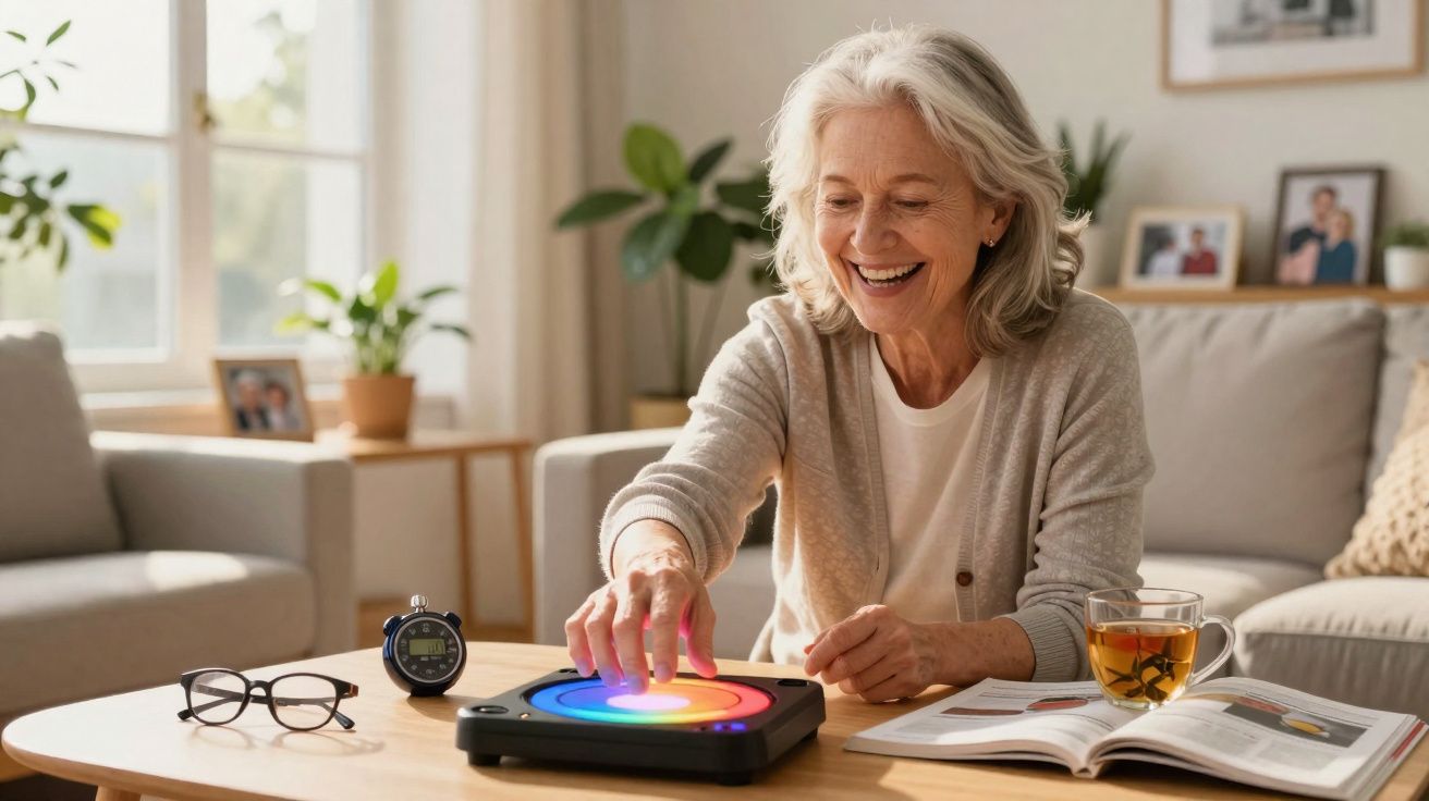 Elderly woman smiling and using a colourful electronic device on a table with a book and cup of tea nearby.