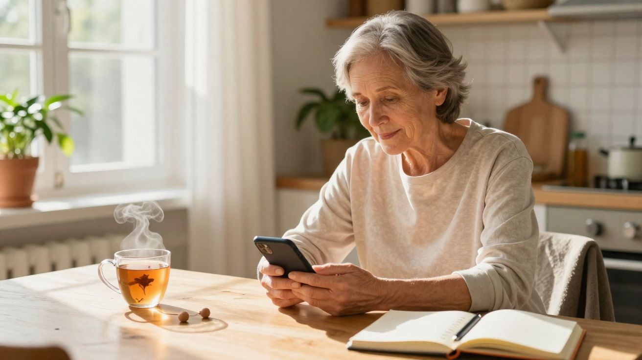Elderly woman sitting at wooden table, using smartphone with a steaming cup of tea and open notebook nearby.