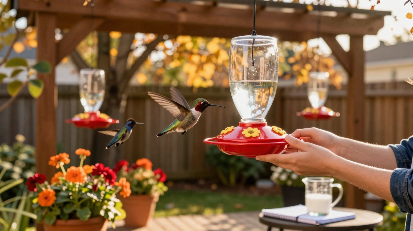 Two hummingbirds hover near red and yellow nectar feeders held by hands in a garden with flowers and wooden fence.