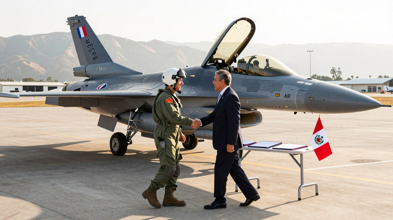 Military pilot and official shaking hands beside a fighter jet on an airfield with Peruvian flag.