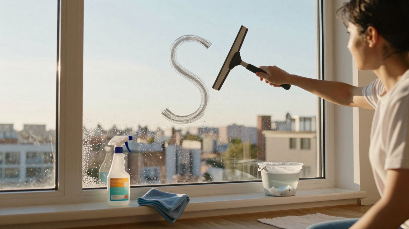 Person cleaning a large window with a squeegee, revealing a clear "S" shape on the glass.