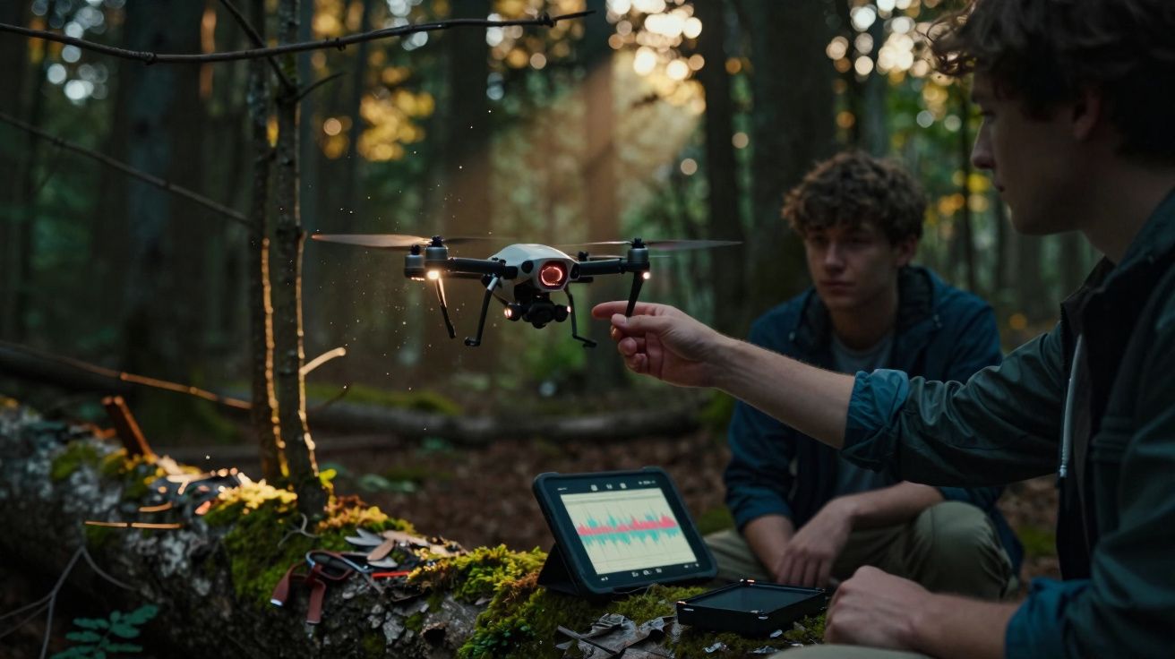 Two men in a forest operating a drone with a tablet displaying data on a moss-covered log at dusk