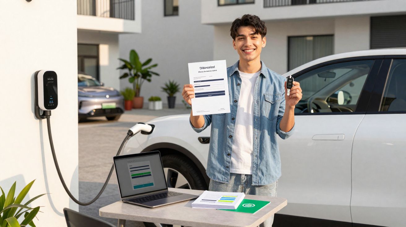 Young man smiling holding electric car keys and approved loan paper next to charging electric vehicle and laptop outdoors