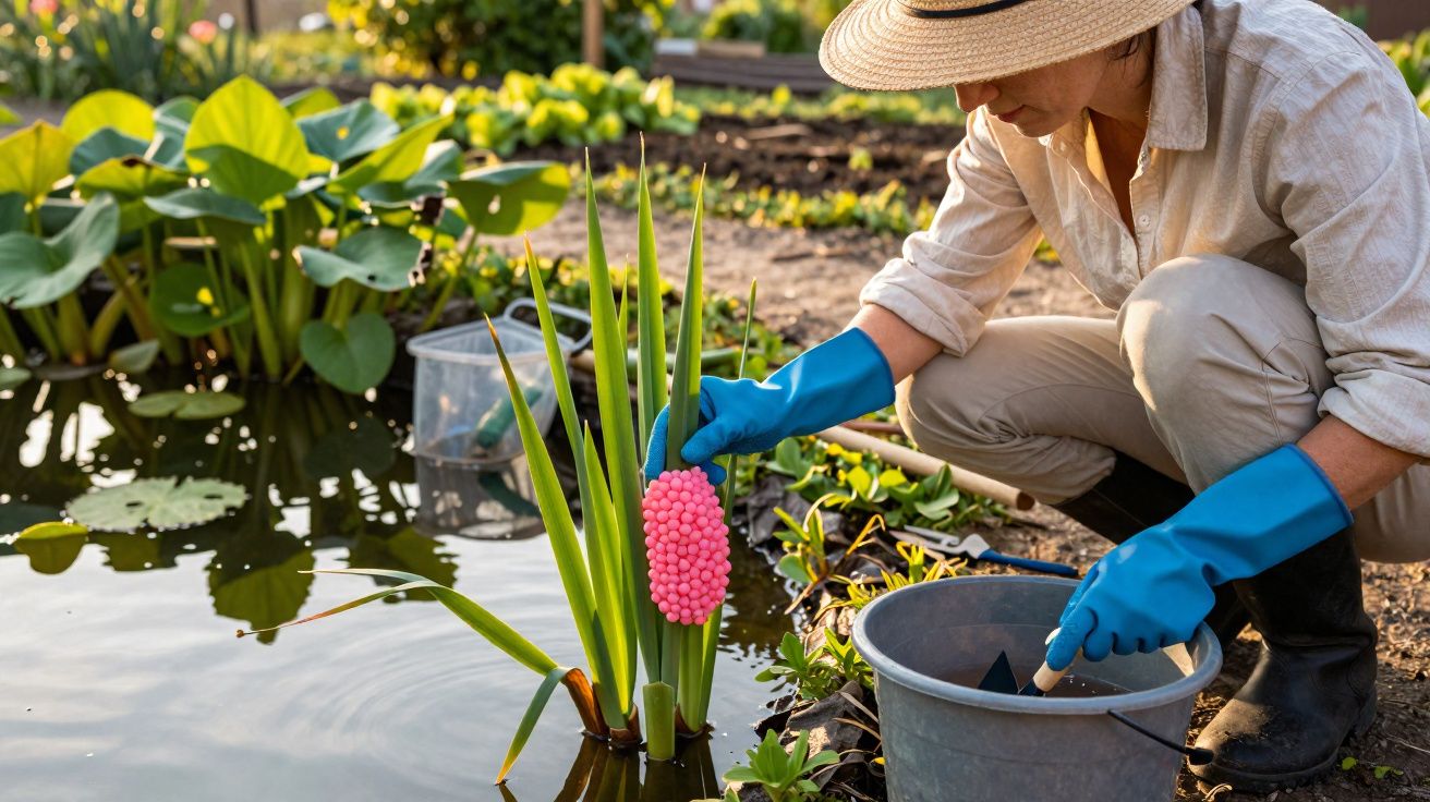 Person in blue gloves placing bright pink snail eggs on green plant by a pond in a garden.