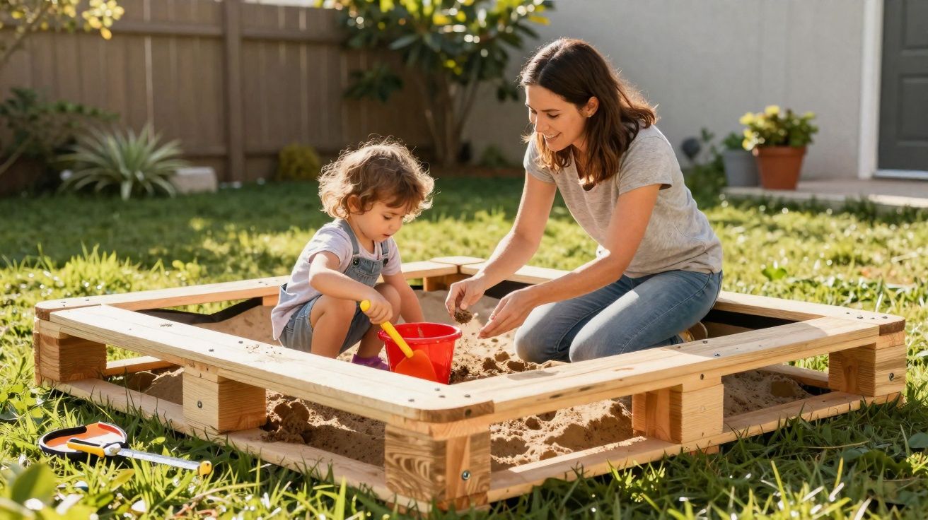 Mother and child playing with sand and toys in a wooden sandbox in a sunny garden.